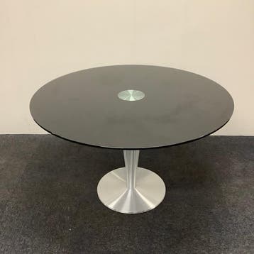 design ronde glazen tafel doorsnede 120 cm, gehard zwart, Ophalen of Verzenden, Gebruikt