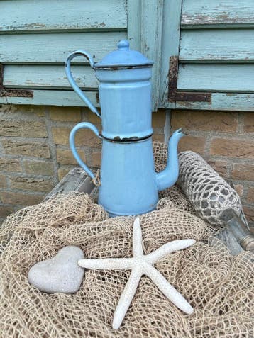 Franse Emaille koffiekan in prachtige kleur blauw, Antiek en Kunst, Verzenden