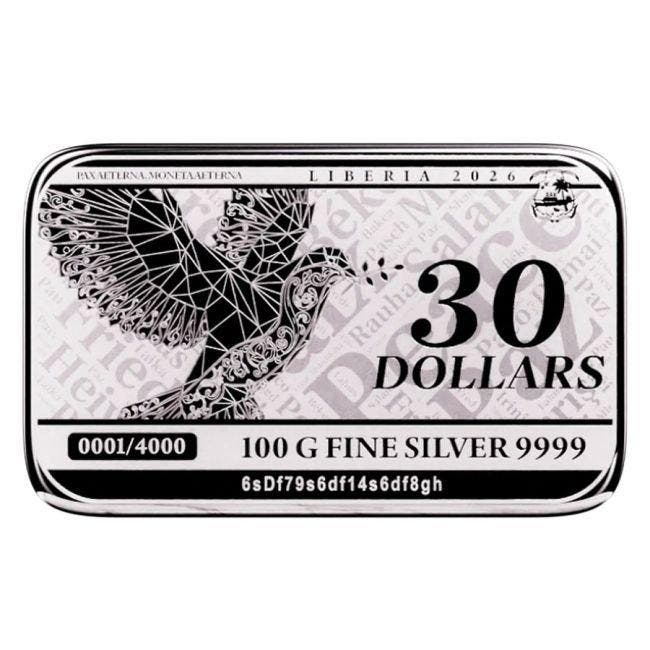 100 gram - Zilver .999 - 2026 100g $30 Liberia Pax 9999 Fine, Postzegels en Munten, Edelmetalen en Baren
