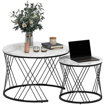 TRUUSK Set van 2 Ronde Salontafels - Marmerlook - Spaanplaat, Verzenden, Nieuw