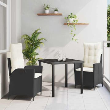 vidaXL Tuin eettafelset met kussen 3 pcs Zwart poly rattan, Tuin en Terras, Verzenden, Nieuw, Rotan, 3 zitplaatsen