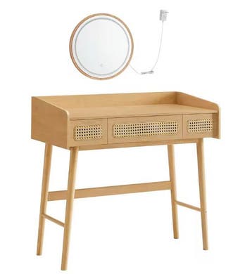 Kaptafel met LED-Spiegel – 3 Lades, Boho Rotanlook Design, Huis en Inrichting, Tafels | Kaptafels, Verzenden, Nieuw