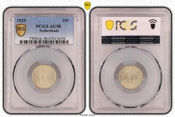 Koningin Wilhelmina 25 cent 1925 AU58 PCGS gecertificeerd, Verzenden, Zilver, 25 cent, Koningin Wilhelmina