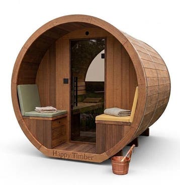Gemodificeerd Ayous barrel sauna met voorportaal 295 cm, Ophalen of Verzenden, Nieuw