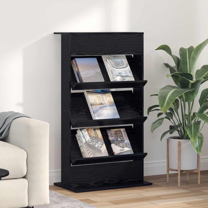 vidaXL Tijdschrift Rek Zwart Eiken 70 x 41 x 126 cm Bewerkt, Huis en Inrichting, Woonaccessoires | Cd- en Dvd-rekken, Nieuw, Verzenden
