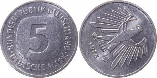 5dm Duitsland Fehlpraegung 5 Mark 1975 G Stempeldrehung 6..., Postzegels en Munten, Munten | Europa | Niet-Euromunten, Verzenden