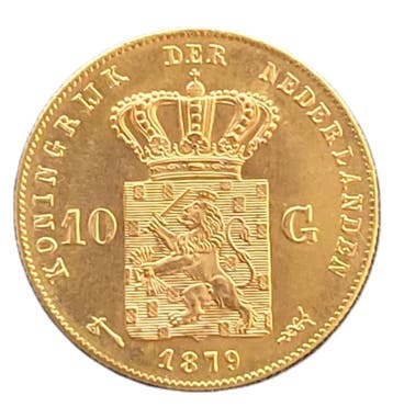 Gouden 10 gulden Willem III 1879, Koning Willem III, Verzenden, Goud, Losse munt