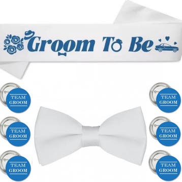 Groom to Be sjerp, dasstrik en buttons wit/blauw 14-delig, Verzenden, Nieuw, Feestartikel, Geboorte of Huwelijk