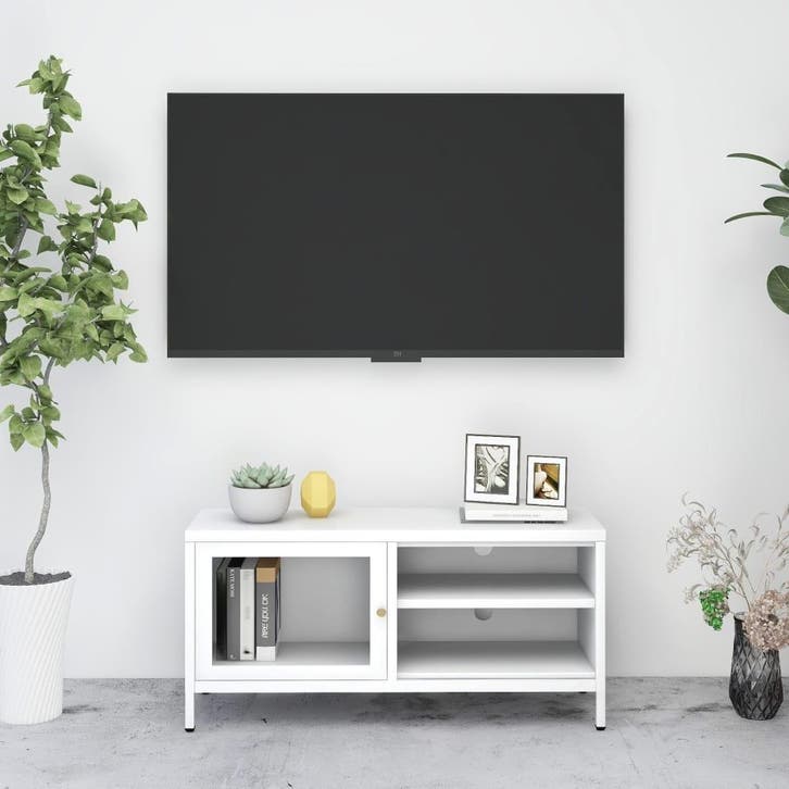 vidaXL Tv-meubel 90x30x44 cm staal en glas wit, Huis en Inrichting, Kasten | Televisiemeubels, 25 tot 50 cm, Nieuw, Metaal, Minder dan 100 cm