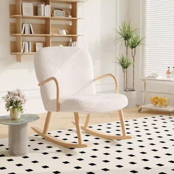 Beige Schommelstoel – Fauteuil van wol, hout en metaal, Huis en Inrichting, Stoelen, Verzenden, Nieuw