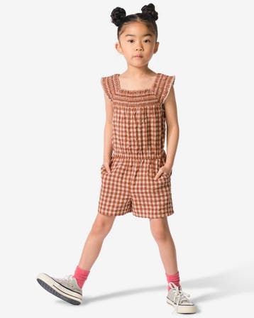 HEMA Kinderjumpsuit seersucker ruit bruin, Verzenden, Nieuw