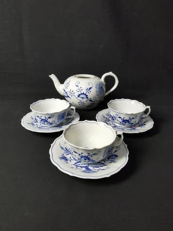 Meissen - Cipolla blu - Tazze da tè con piattini e Teiera -