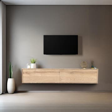 Zwevend TV Meubel - Massief eiken - push to open, Nieuw, Eikenhout, Zwevend TV Meubel