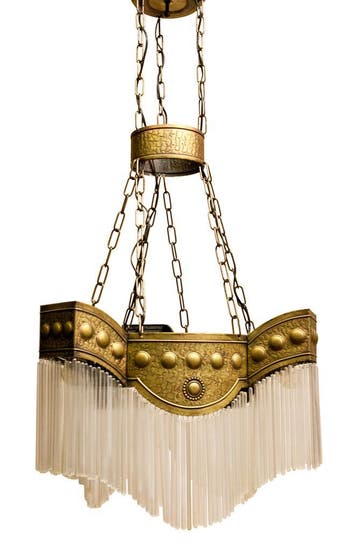 Art Deco Hanglamp, Glazen Kralen Rand, Koperen Hanglamp, Ophalen of Verzenden