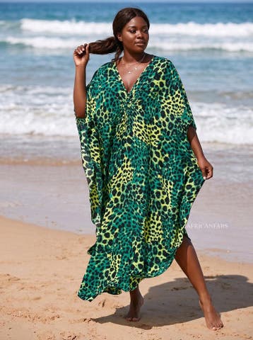 Boho rayon kaftan jurk - Groen Zwart Jungle Leopard, Ophalen of Verzenden, Nieuw