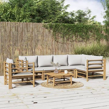 vidaXL 7-delige Loungeset met lichtgrijze kussens bamboe, Verzenden, Nieuw, Hout, Loungeset