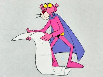 Friz Freleng - Originele animatiecel en tekening van De Roze, Nieuw in verpakking