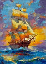 Jarol - Galeón sobre las Olas del Atardecer Cúbico
