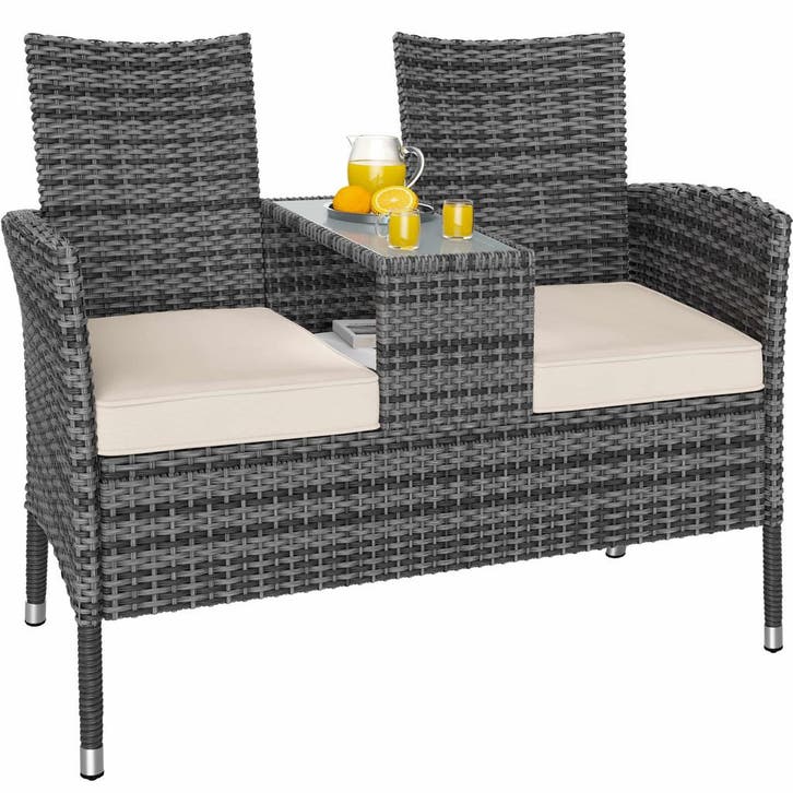 Polyrotan Tuinbank Grijs/Beige 145x58x87cm (Tafels-Stoelen), Tuin en Terras, Tuinsets en Loungesets, Nieuw, Verzenden