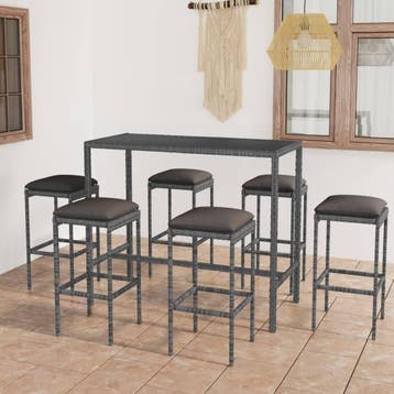 vidaXL 7-delige Tuinbarset met kussens poly rattan grijs, Verzenden, Nieuw, 6 zitplaatsen