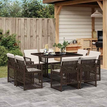 vidaXL 9-delige Tuinset met kussens poly rattan bruin, Verzenden, Nieuw, 8 zitplaatsen, Tuinset