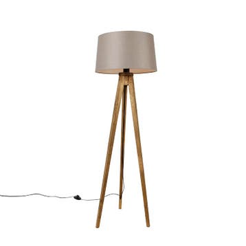 Landelijke tripod vintage hout met linnen kap taupe 45 cm -, Huis en Inrichting, Lampen | Vloerlampen, Verzenden, Nieuw, Hout
