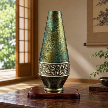 Vaas - Brons, Diepblauw en goud marmerpatroon, Hoogte 23 cm,, Antiek en Kunst