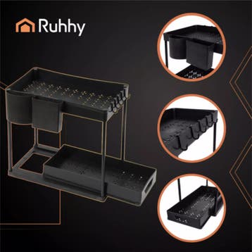 Ruhhy gootsteen organizer 2-laags – zwart rek met uittrek., Hobby en Vrije tijd, Ophalen of Verzenden, Nieuw