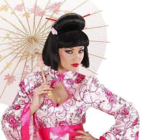 Pruik Geisha met Bloem en Chopsticks, Kleding | Dames, Carnavalskleding en Feestkleding, Nieuw, Ophalen of Verzenden