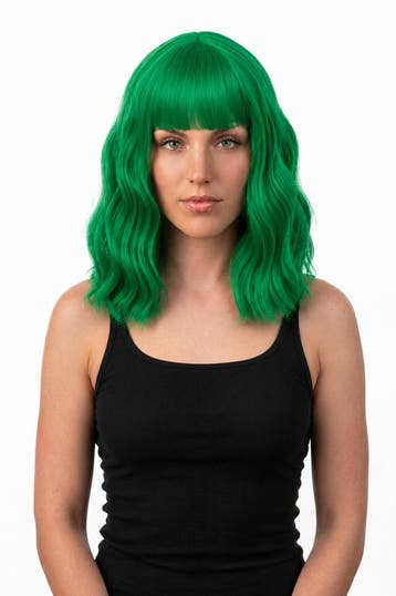 KIMU® Luxe Groen Pruik Schouderlengte Rechte Pony Krullen Do, Kleding | Dames, Carnavalskleding en Feestkleding, Ophalen of Verzenden