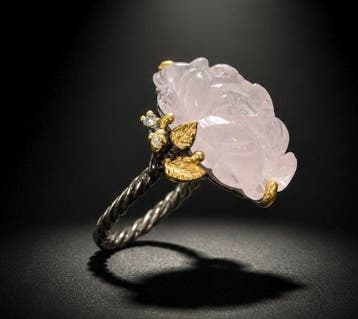 925 zilver - 18 kt uitgehouwen rozenkwarts – topaas - Ring