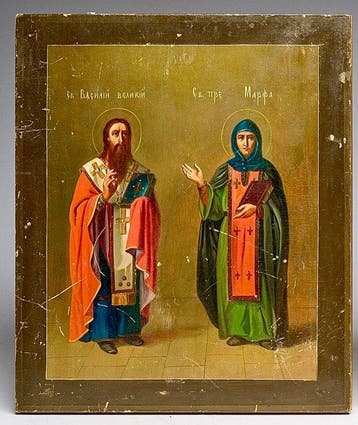 Icoon - Sint Basilius en Sint Marta - Hout - Rusland eind, Antiek en Kunst