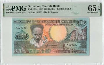 1988 Suriname 250 Gulden Pick 134 Pmg Gem Unc 65 Epq, Verzenden