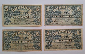 Denemarken. - 4 x 5 Kroner - 1942 - Pick 30f, 30g (Zonder