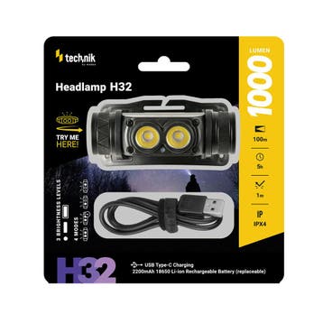 Technik H32 Dubbellens LED Hoofdlamp - 1000lm - Dual Beam..., Ophalen of Verzenden, Nieuw