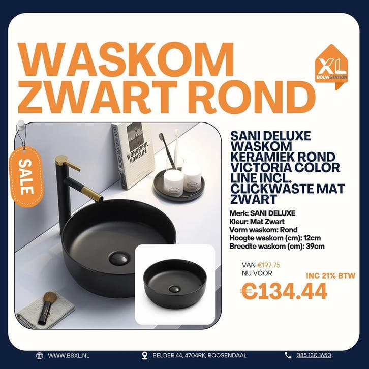 Mat zwarte ronde waskom 39 cm - OUTLET, Huis en Inrichting, Badkamer | Badkamermeubels, Wasbak of Wastafel, Nieuw, Minder dan 50 cm