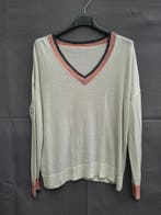 Dunne fijngebreide trui ecru met V-hals en kleuraccenten, Zo goed als nieuw, Maat 38/40 (M), Beige