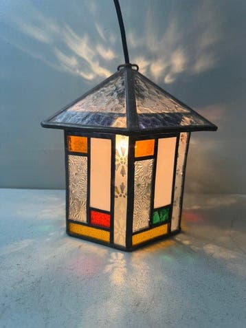 Plafondlamp - Amsterdamse school Art Deco 6 hoekige glas in, Antiek en Kunst