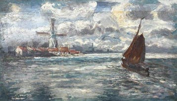 Willem Delsaux (1862-1945) - Marina con mulino a vento e