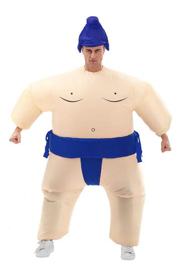 KIMU® Opblaas Kostuum Sumo Worstelaar Blauw Opblaasbaar Pak, Carnaval, Nieuw, Overige maten, Ophalen of Verzenden