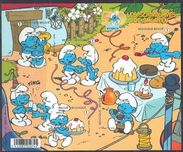 België 2008 - Smurfen, ongetande blok met rugnummer - OBP:, Gestempeld