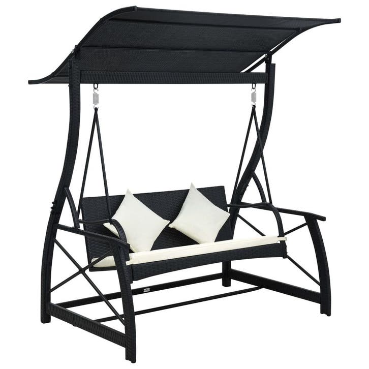 vidaXL Schommelbank 3-zits met dak poly rattan zwart, Tuin en Terras, Tuinbanken, Nieuw, Rotan, Verzenden