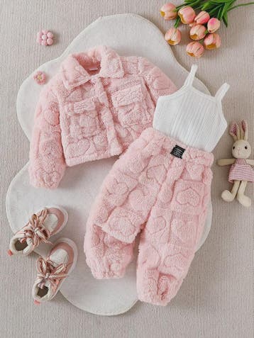 Schattige Baby Meisjes Set: Roze Pluche Jasje, Lange Broek &, Verzenden, Nieuw