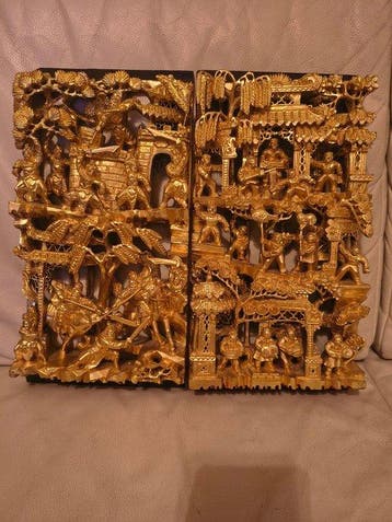 Chinese wandreliefs – paneel, hanger, houtsnijwerk verguld,