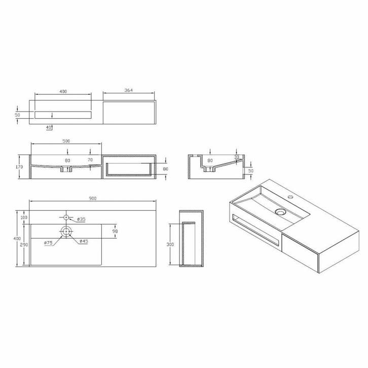 Wastafel met Lade Spring 90x40x17 cm Solid Surface Mat Wit, Doe-het-zelf en Verbouw, Sanitair, Ophalen of Verzenden