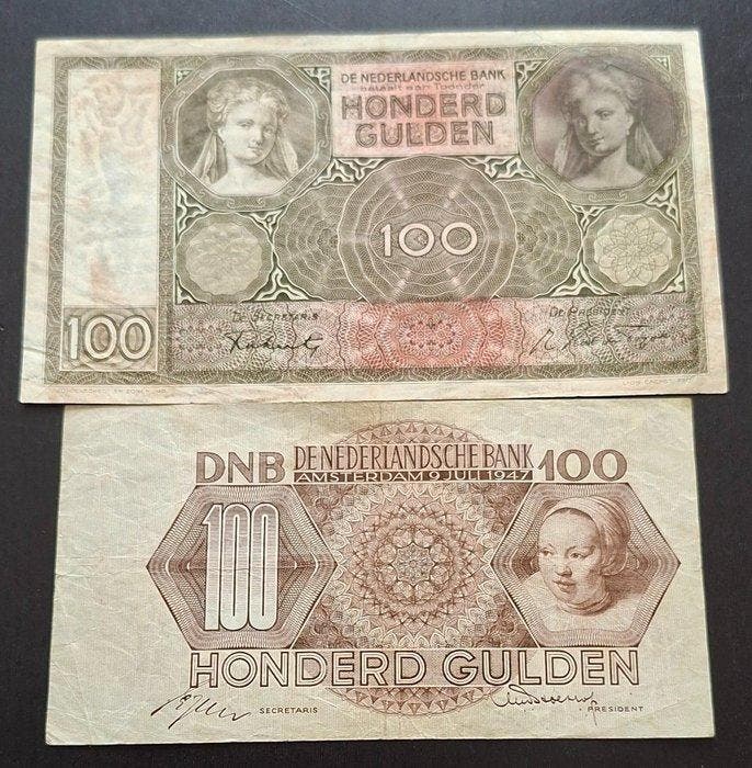 Nederland. - 2 x 100 Gulden - 1942/1947 (Zonder, Postzegels en Munten, Bankbiljetten | Europa | Niet-Eurobiljetten