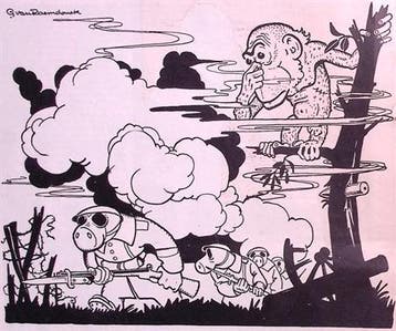 Soldaten, een aap en gifgas op Spotprent (lijst optie), Antiek en Kunst, Verzenden