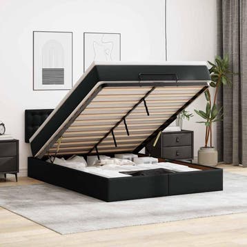 vidaXL Bed poef met matrassen en LEDs 140x200cm kunstleer, Overige materialen, Verzenden, Zwart, 140 cm