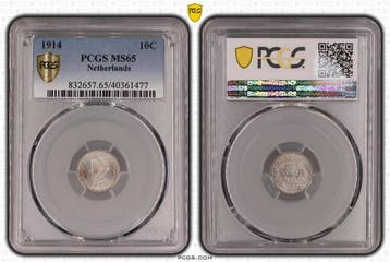 Koningin Wilhelmina 10 cent 1914 MS65 PCGS gecertificeerd, Postzegels en Munten, Verzenden, Zilver, 10 cent, Koningin Wilhelmina