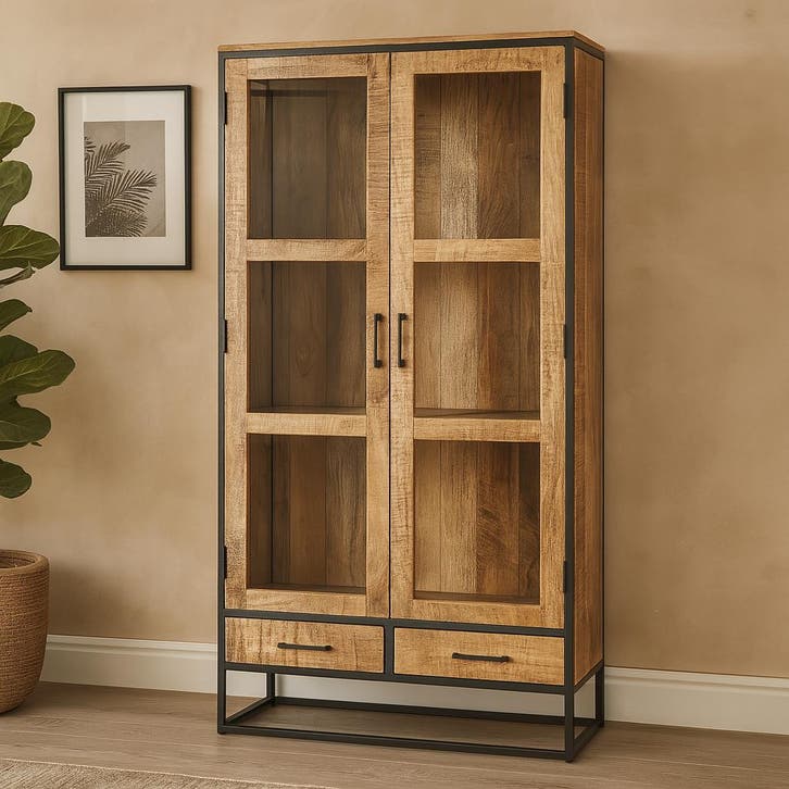 Vitrinekast Mangohout Owen 95 cm, Huis en Inrichting, Kasten | Vitrinekasten, Nieuw, Overige houtsoorten, Verzenden